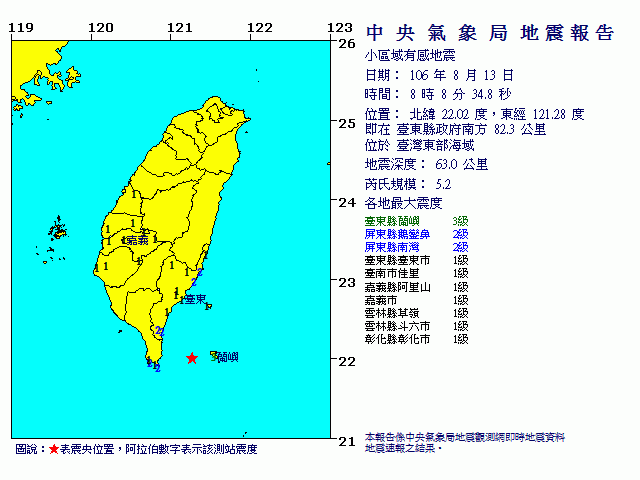 東部海域規模5.2地震 最大震度蘭嶼3級