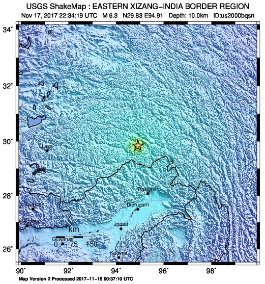 USGS：西藏發生規模6.3淺層地震