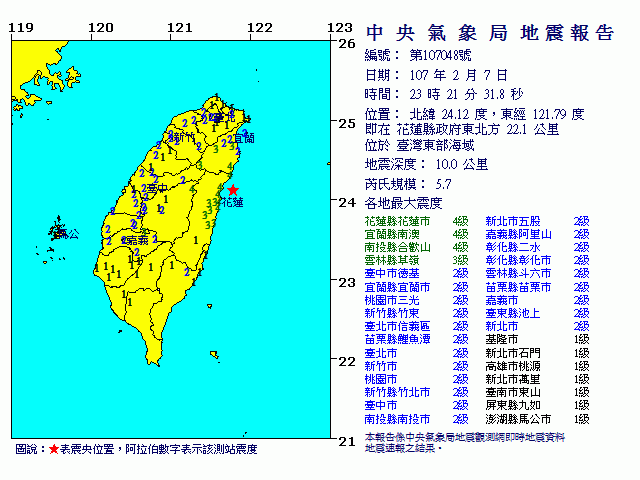 花蓮近海23:21又有規模5.7地震