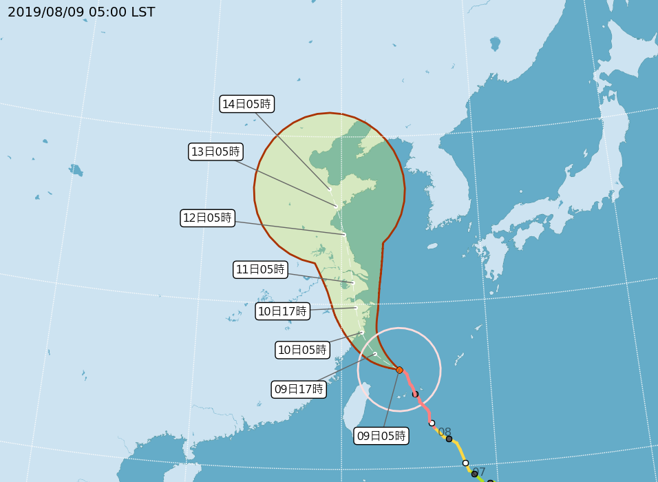 利奇馬颱風路徑預測圖。 (圖:中央氣象局)