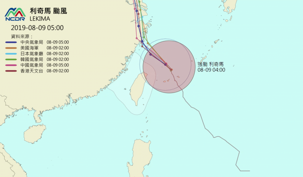 利奇馬颱風 (LEKIMA)各國路徑預測。(圖：NCDR提供)