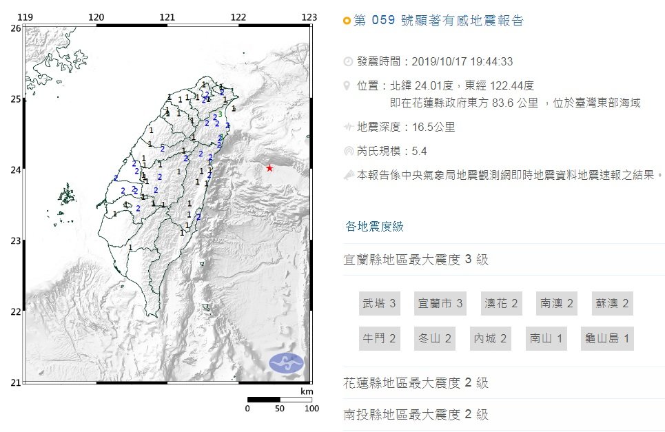 台灣東部海域5.4地震 最大震度宜蘭3級