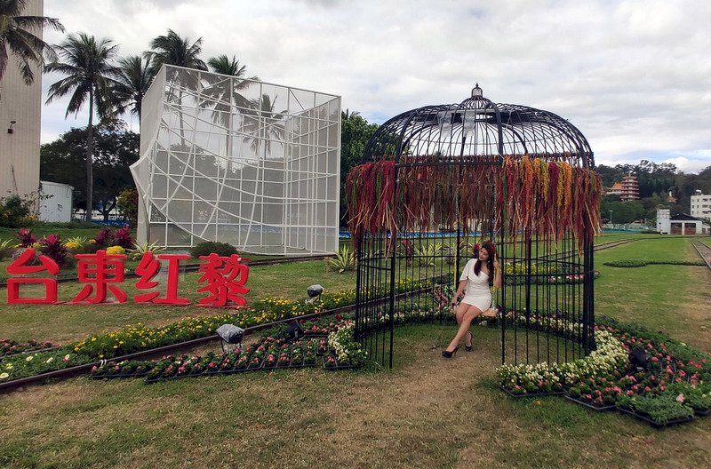 台東市舊火車站變身浪漫的紅藜花園，2個籠型紅藜主題裝置藝術讓民眾能互動拍照。
