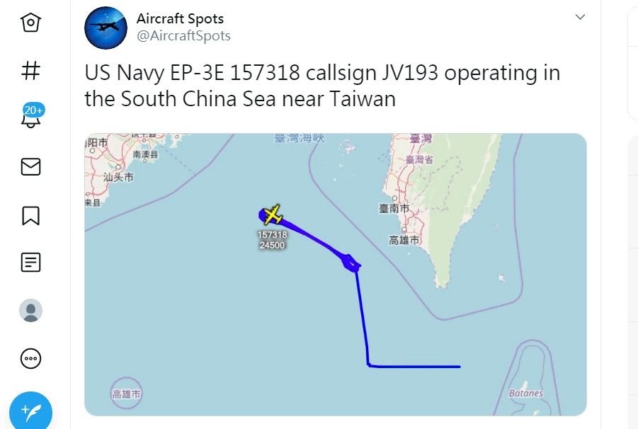 反制共軍擾台 美軍電偵機現蹤台灣西南海域