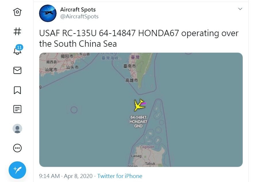 美RC-135U電偵機現蹤台灣南部海域 國防部掌握