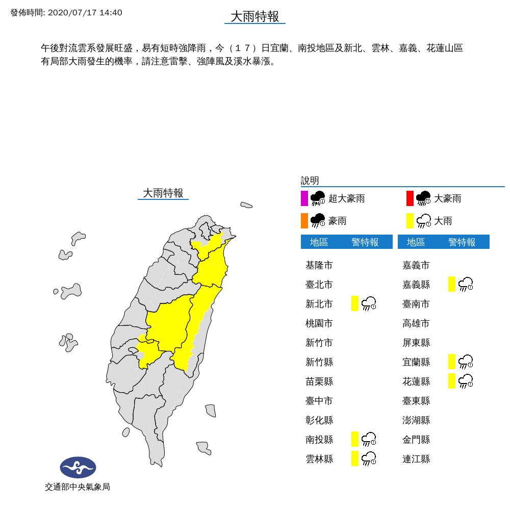 午後熱對流旺 宜蘭等6縣市大雨特報