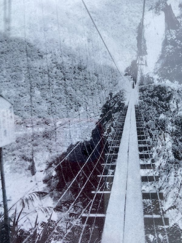 建於日治時期的山月吊橋是立霧溪流域最長的鐵線吊橋,走在橋上俯瞰立霧溪深谷,驚險萬分,當時奉派到太魯閣的日警見此橋又高又長,視為畏途,不禁令人萌生辭意,因此又稱「辭職橋」。(翻攝照片)