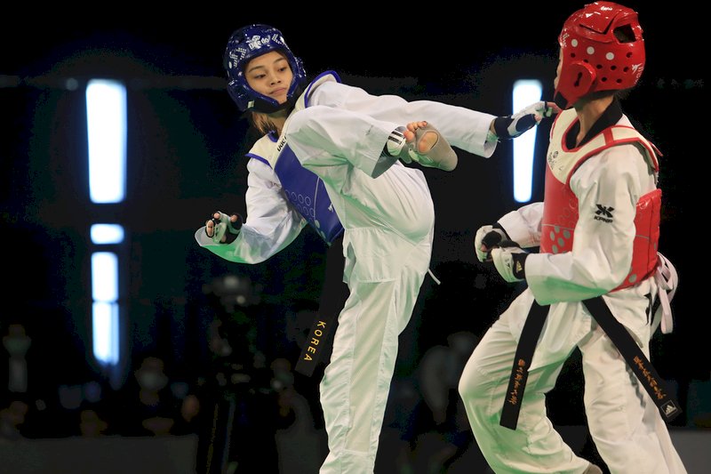 模擬東京奧運對抗賽6日上午進行跆拳道項目，跆拳道好手蘇柏亞（藍方）在女子49公斤量級出賽，並獲得勝利。