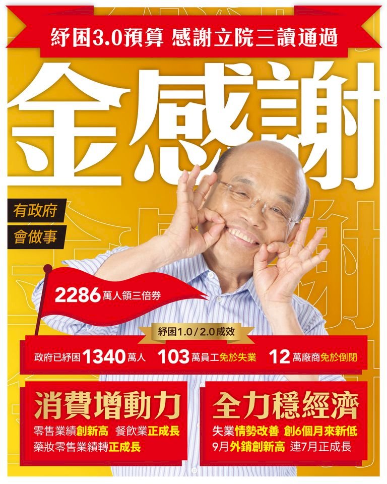立院三讀通過「紓困3.0」預算 蘇揆:堅守疫情 照顧產業勞工