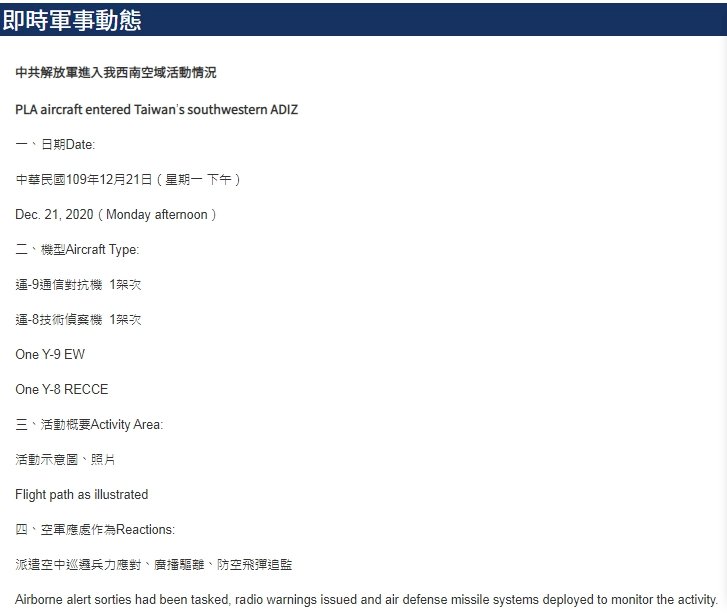 2共機擾台ADIZ 運8逾越台海中線末端