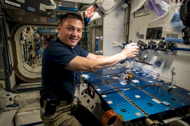 在太空站生活，無重力是關鍵，如果不小心，飲食會到處亂飄。圖為台裔美籍太空人林琪兒準備咖啡。（NASA提供）