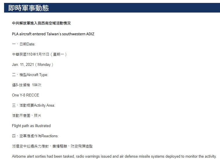 共軍一架次運8技偵機擾台ADIZ 空軍兵力應對