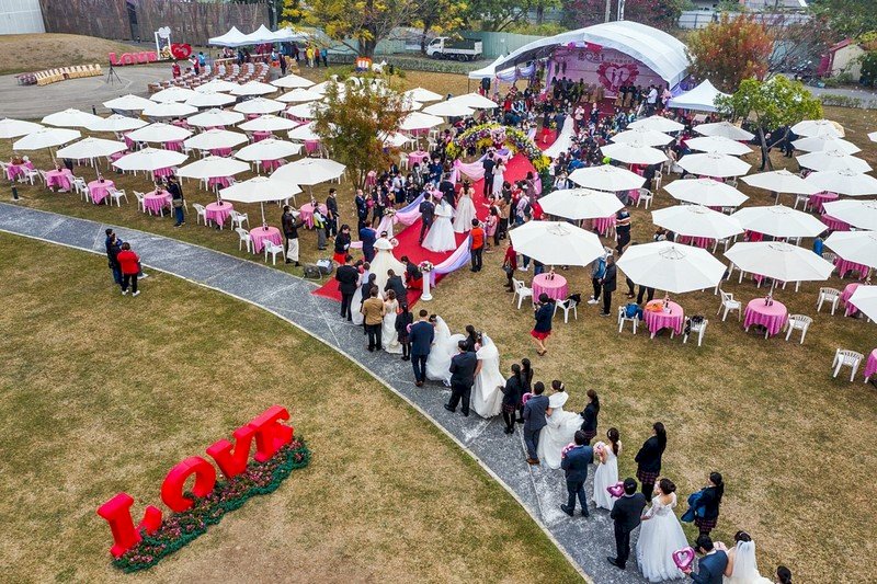 嘉義市政府24日舉行第39屆市民集團結婚，71對新人戴著口罩緩緩走上紅毯步入會場，在眾人的見證下交換戒指。（嘉義市政府提供） (圖：中央社)