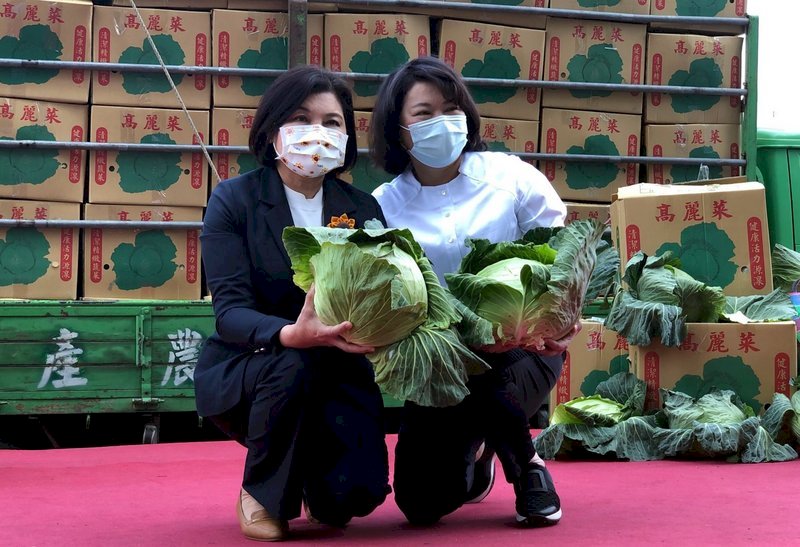 近期高麗菜盛產價跌,嘉義市長黃敏惠(右)日前號召採購雲林在地高麗菜,市府及各界在短時間認購約20公噸,雲林縣長張麗善(左)22日到嘉義市政府感謝黃敏惠的伸援協助。 (圖:中央社)