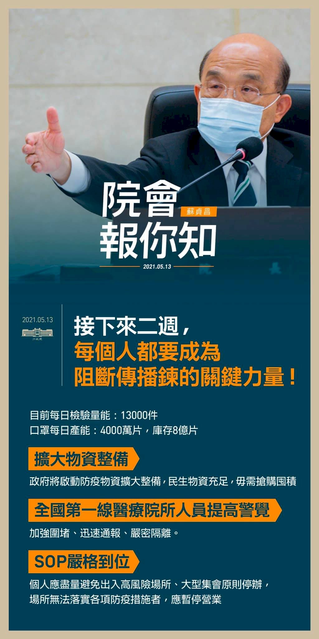 蘇揆:未來2週每個人都是阻斷傳播的關鍵力量