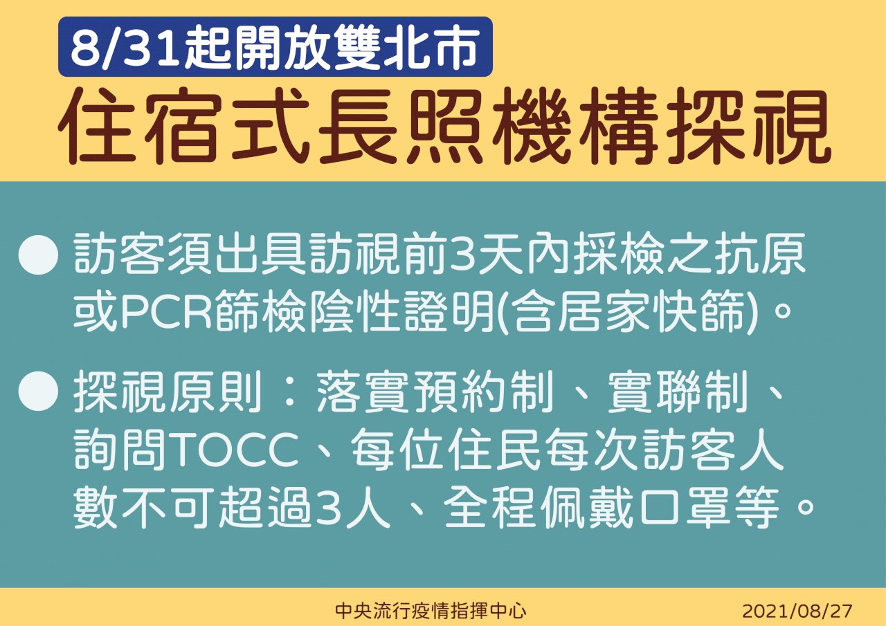8/31起 雙北開放住宿型長照機構探視