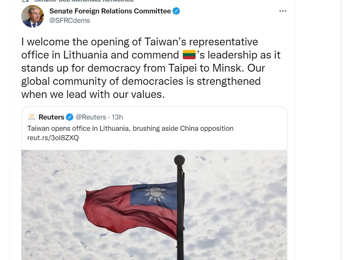 駐立陶宛台灣代表處成立 美參院外交領袖樂見