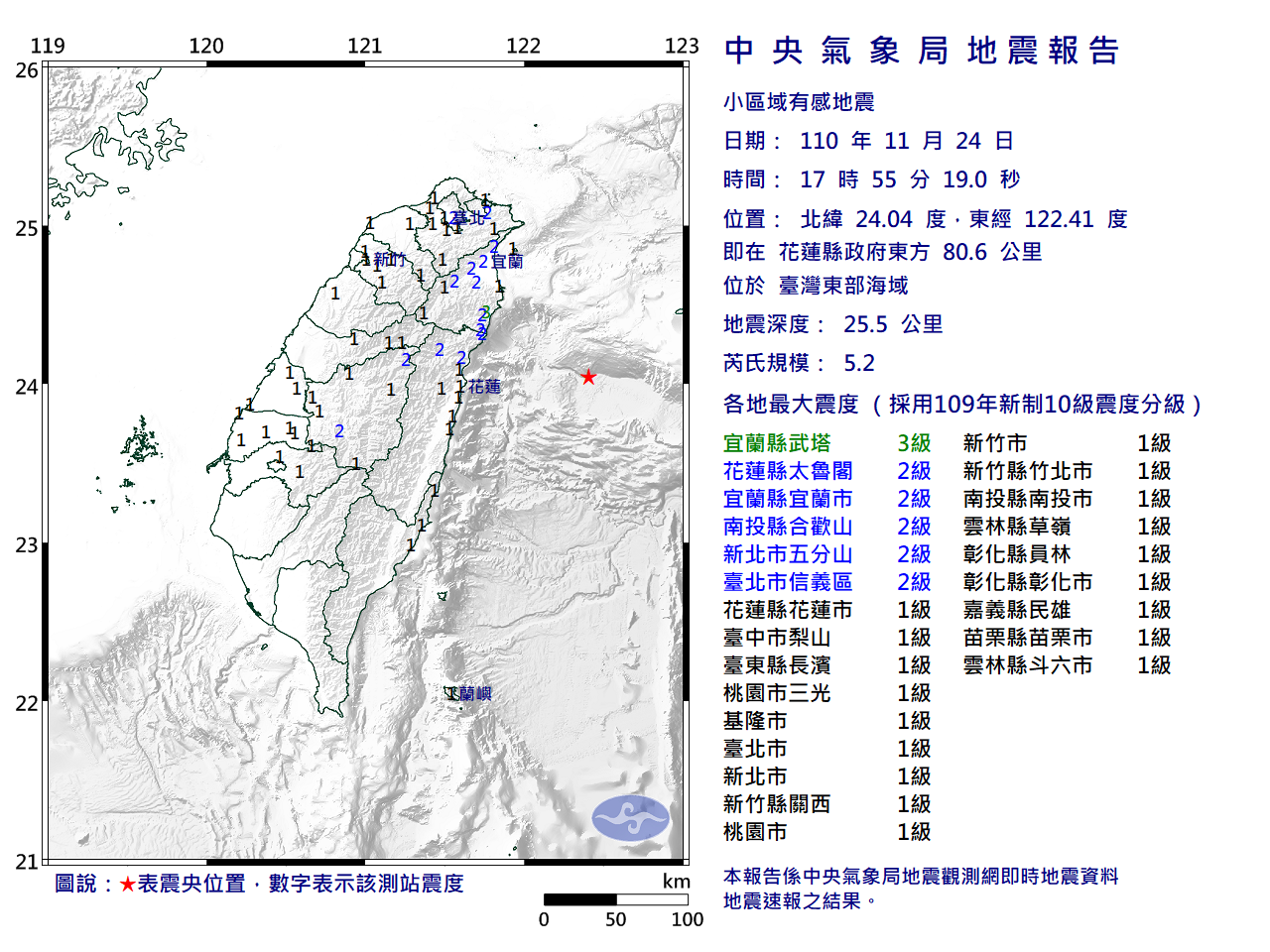 台灣東部海域17：55地震 規模5.2 雙北有感