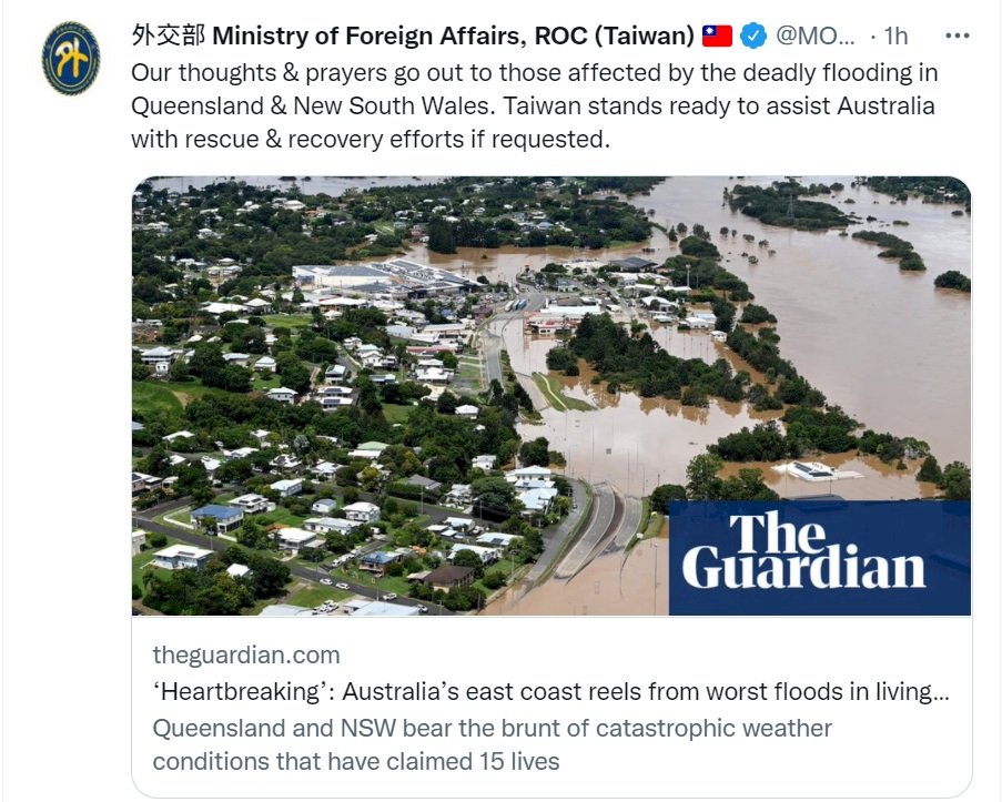 澳洲暴雨成災 總統表達慰問關懷 目前無國人傷亡受困
