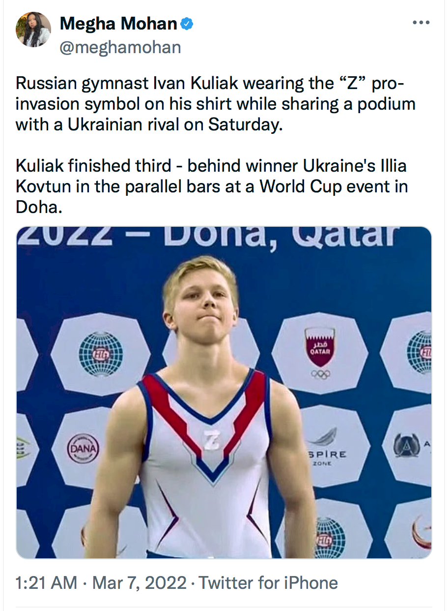俄國體操選手胸前貼Z字 遭禁賽1年交還獎牌獎金