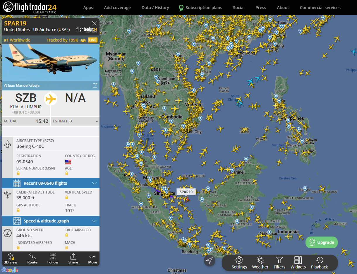 搭載裴洛西至大馬的飛機 已飛離吉隆坡