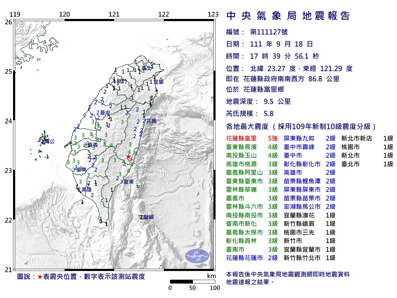 震不停 17:39花蓮地震 富里震度達5強