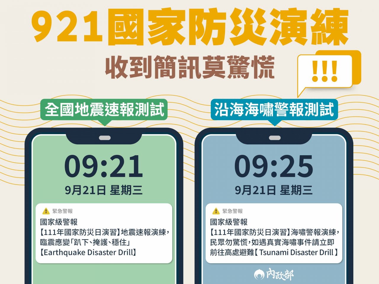 9/21國家防災演練  收到警報訊息勿驚慌