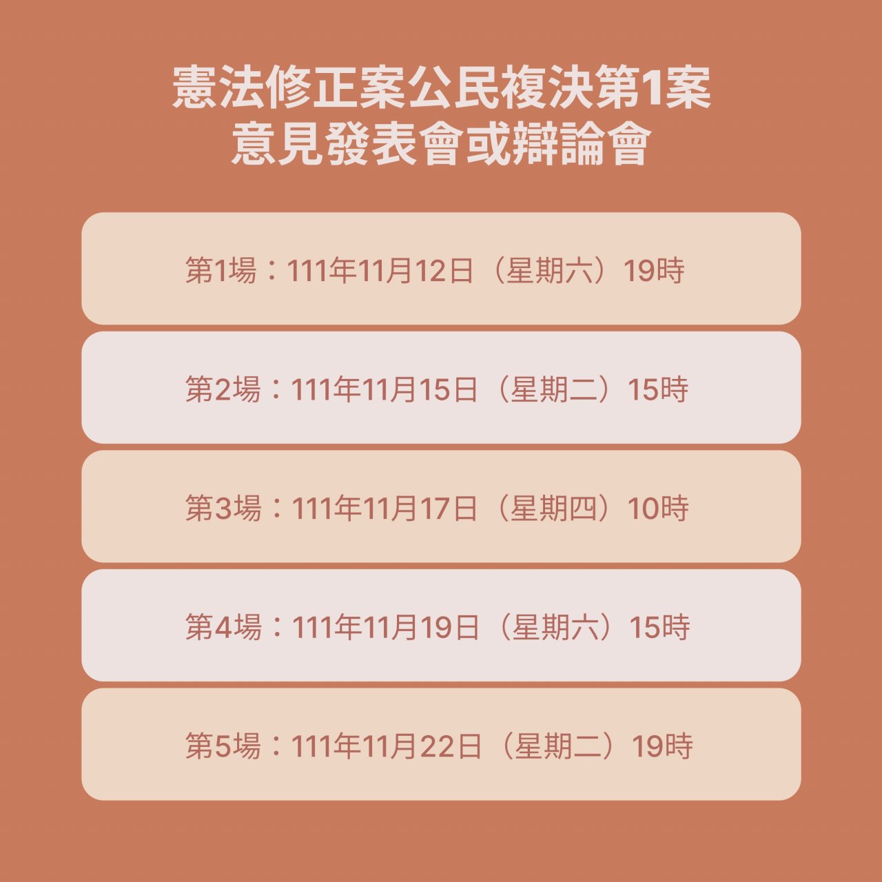 18歲公民權修憲複決5場辯論會場次出爐