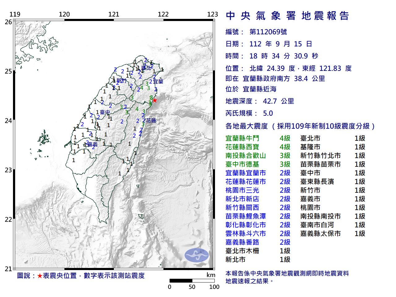 台灣東北18：34有感地震 初判宜蘭震度4級以上