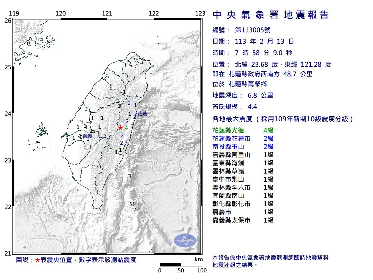 花蓮7:58地震規模4.4  最大震度達4級