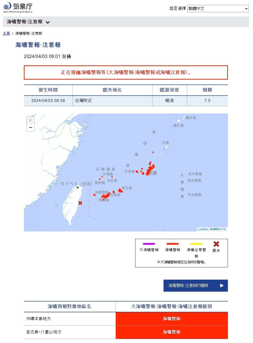 花蓮規模7.2強震 日本對沖繩南部發3公尺海嘯警報