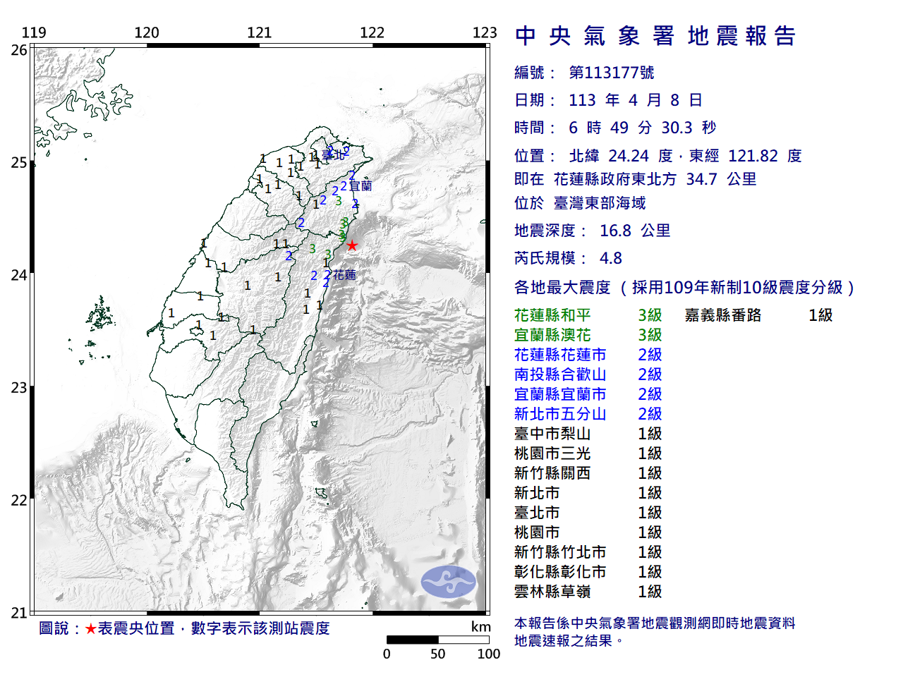 台灣東部海域4.8地震 最大震度宜花3級