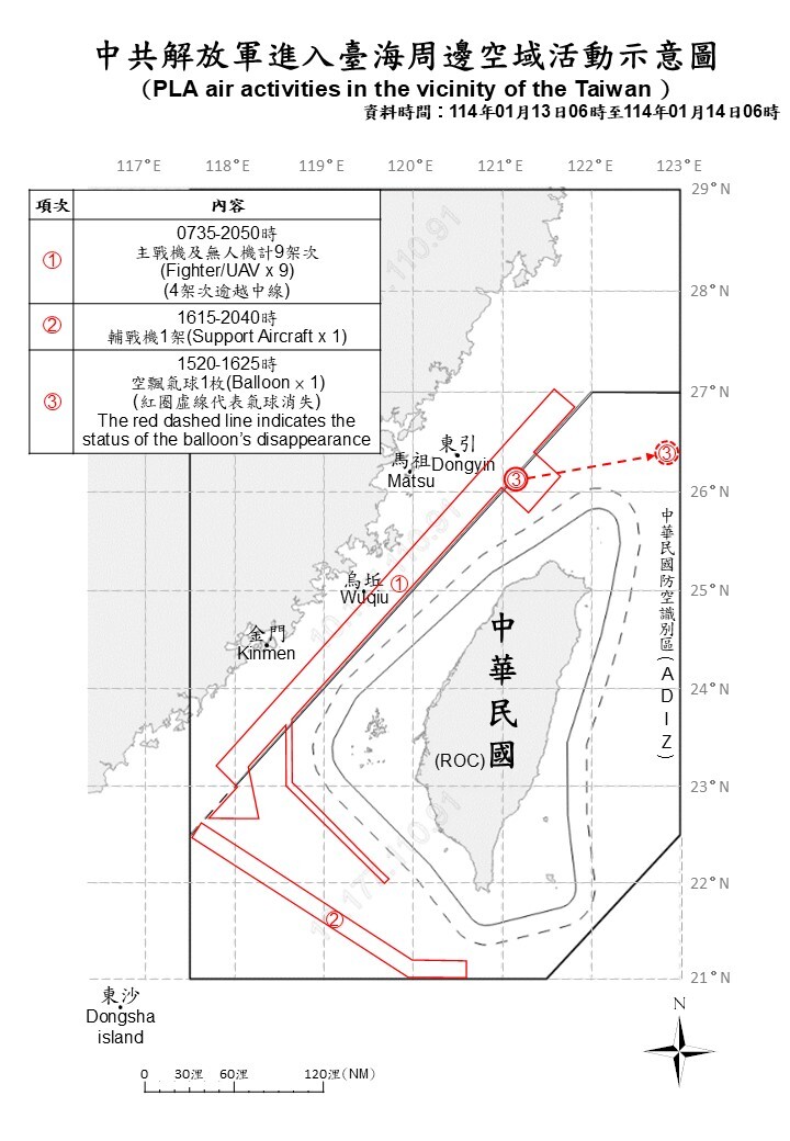 5共機越線擾周邊空域  基隆西北方出現空飄汽球