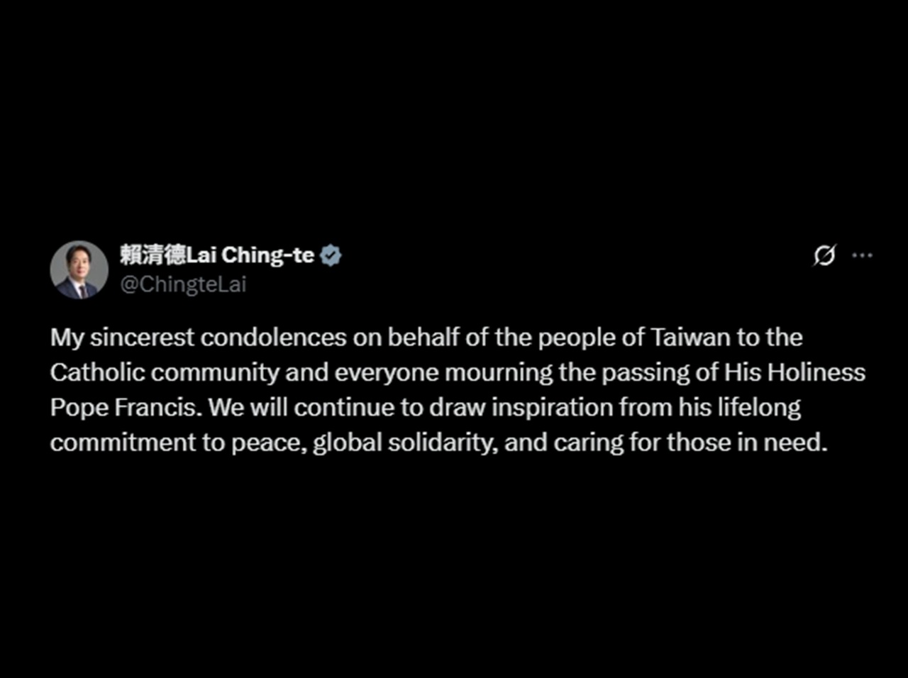 教宗方濟各過世 賴總統表達誠摯哀悼