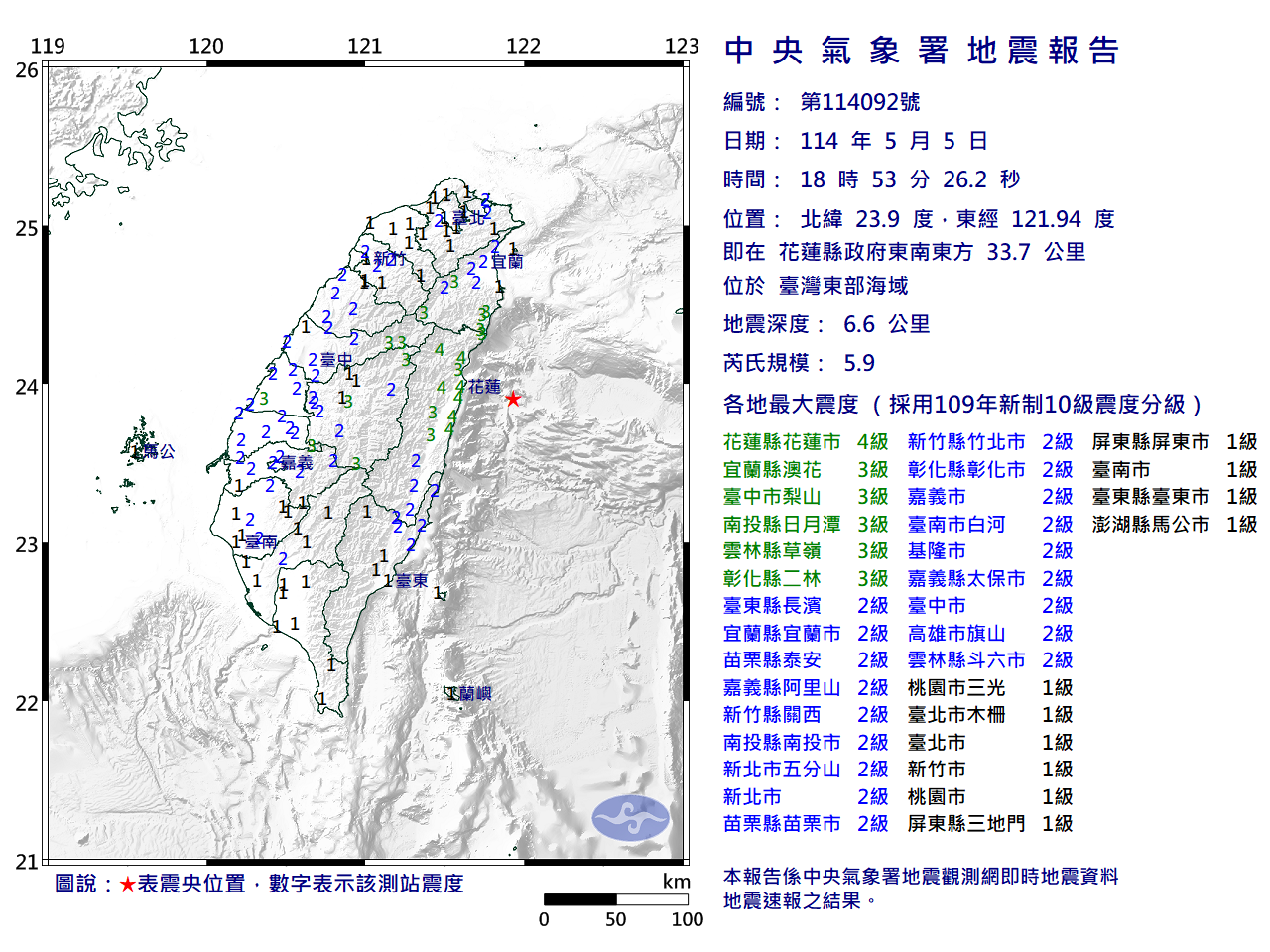 花蓮1小時連7震   氣象署：主震規模5.9